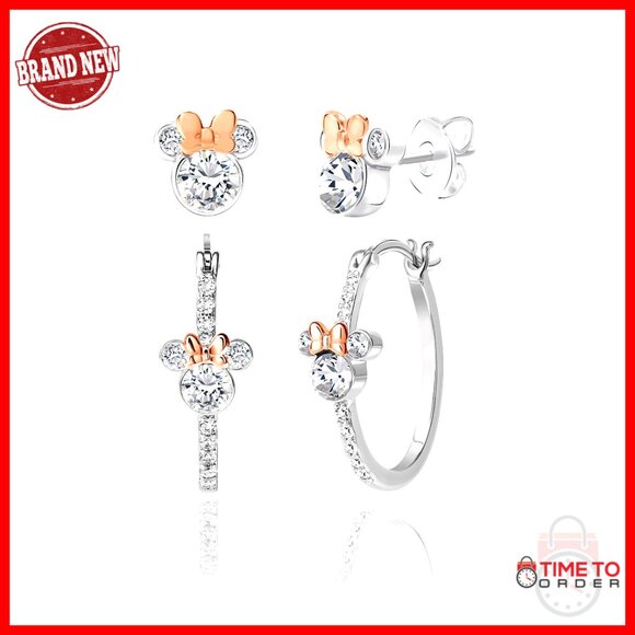 Minnie Mouse Cubic Zirconia Hoop Stud Earrings Set Silver Plated